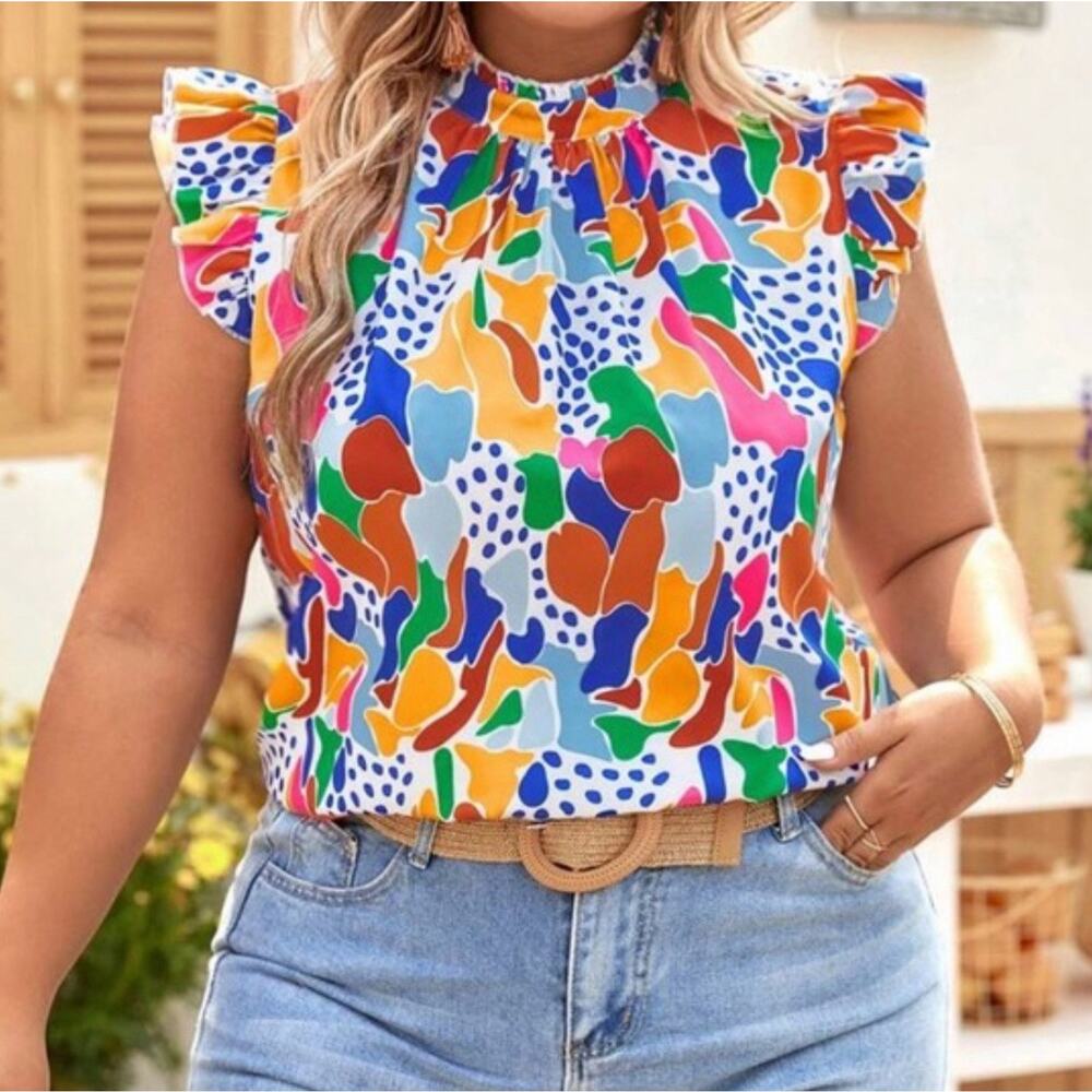 Emery Rose Women’s XL Colorful preppy resort Ruffle Top NWT Mock NecK summer